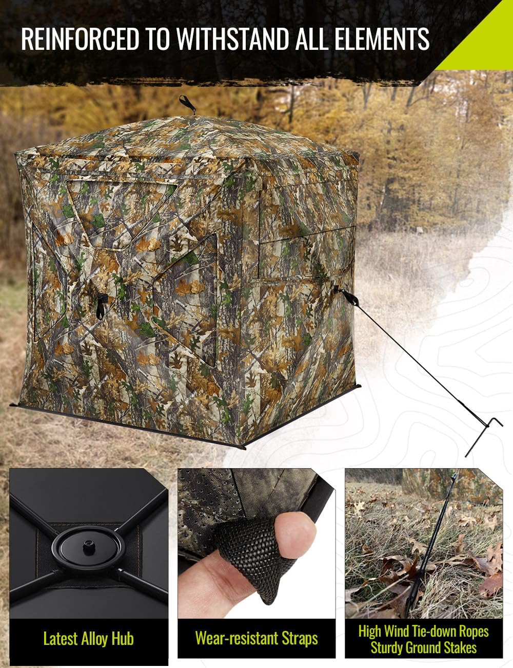 TIDEWE Hunting Blind 270°Full See Through with Windproof Curtain, Silent Magnetic Door & Sliding Windows, 2-3 Person Pop Up Ground Blind with Carrying Bag, 300D Portable Tent