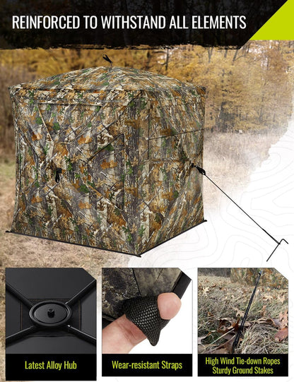TIDEWE Hunting Blind 270°Full See Through with Windproof Curtain, Silent Magnetic Door & Sliding Windows, 2-3 Person Pop Up Ground Blind with Carrying Bag, 300D Portable Tent