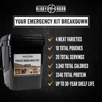 Ready Hour Freeze-Dried Meat Kit (20 Servings), Emergency Supply, Prepper Supply, Protein Source, Emergency Food, Prepper Survival Kit, Bulk Meat, Shelf-Stable, Long-Term Storage
