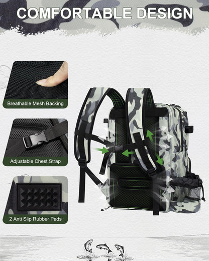 BAVGRED Fishing Backpack with Removable Bait Binder, Large Water Resistant Tackle Bag Storage Gear and Equipment for Fishing, Camping, Hiking, Grey