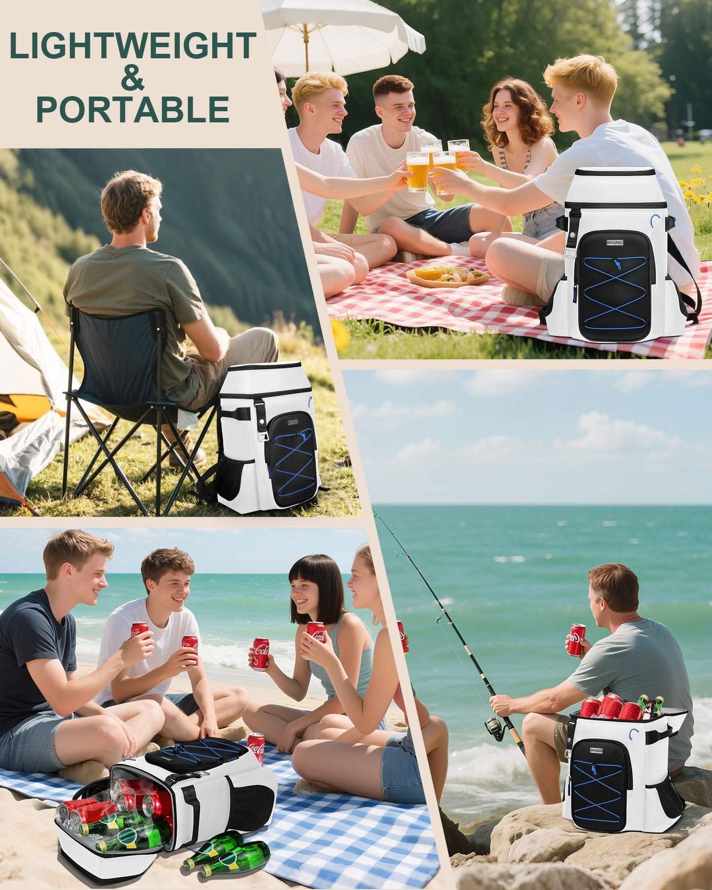 BAVGRED Cooler Backpack Insulated Leak Proof 30 Cans for Men Women,Waterproof Soft Cooler Bag，Lightweight Ice Chest Lunch Backpack for Beach Camping Picnic Travel Worksite Fishing