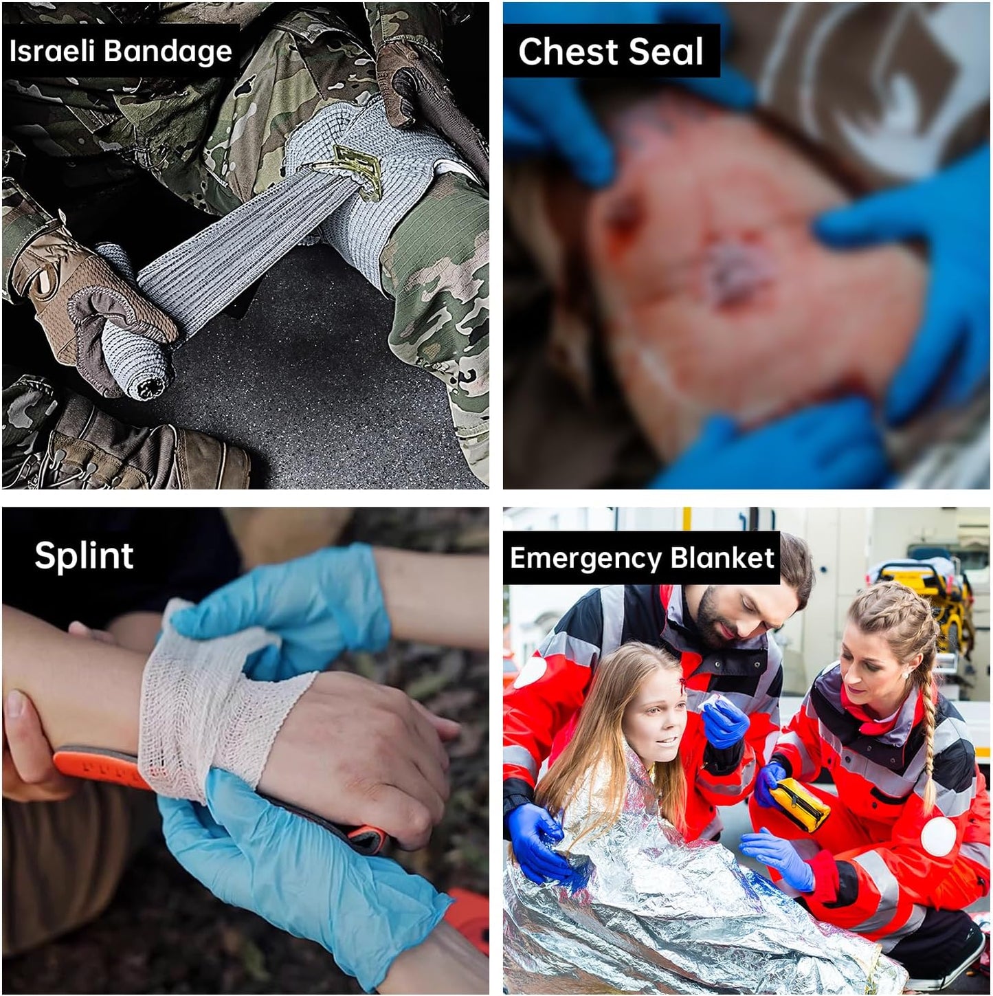 Trauma Kit, Compact Tactical IFAK Emergency Survival First Aid Kits Hemostatic Combat Wound Care Molle Pouch with Israeli Bandage, Chest Seal, Splint for Military, Black