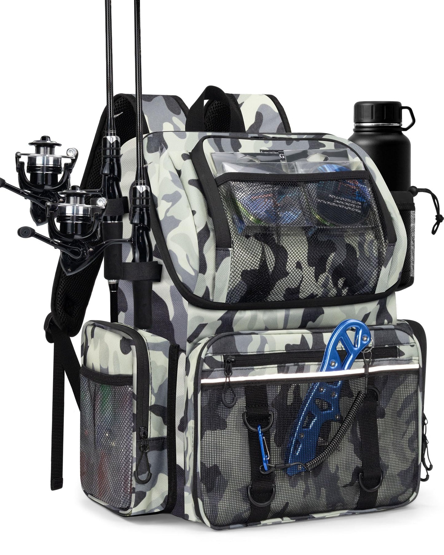 BAVGRED Fishing Backpack, Large Water Resistant Tackle Bag Storage Fishing Gear and Equipment, Built-in Cooler Compartment Grey