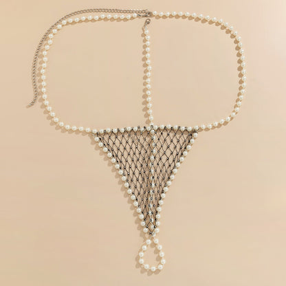 Women's sexy and simple imitation pearl woven chest chain set, new creative fishing net waist chain