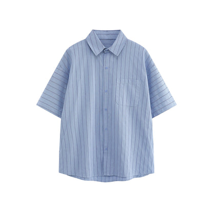 Patch striped casual loose silhouette short sleeved shirt for men