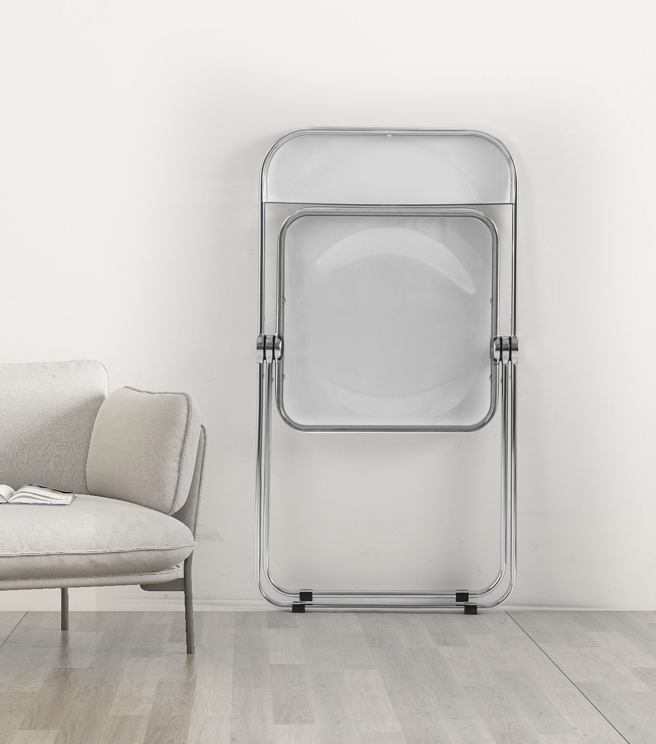 Transparent chair, stackable folding chair, PC plastic living room chair, chrome frame foldable acrylic chair, O-Clear