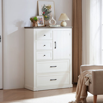 Farmhouse 5 drawer bedroom dressing table, high drawer cabinet white wooden bedroom dressing table.