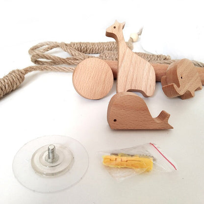 Nordic Indoor Wooden Solid Wood Hemp Rope Animal Tissue Holder Children's Room Decoration Wall Hanger Hemp Rope Hook Toilet Paper Holder