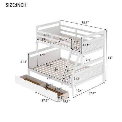 Twin over Full Bunk Bed with Ladder, Two Storage Drawers, Safety Guardrail  White