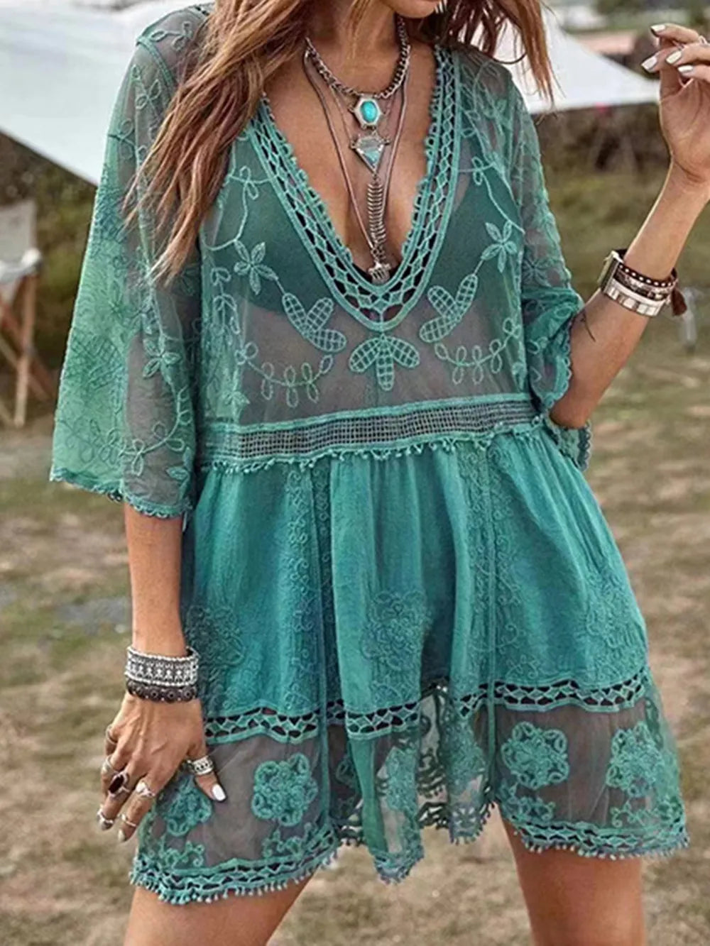 Sexy lace loose beach vacation hooded skirt bikini jacket swimsuit women