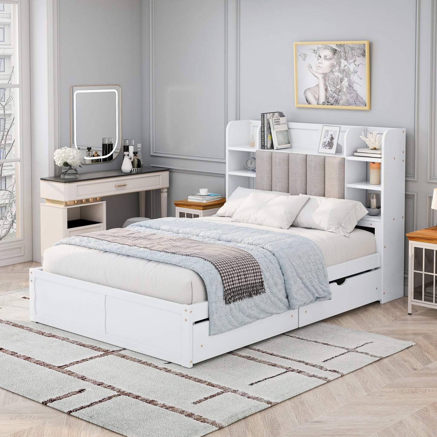 Multi-functional Full Size Bed Frame with 4 Under-bed Portable Storage Drawers and Multi-tier Bedside Storage Shelves White