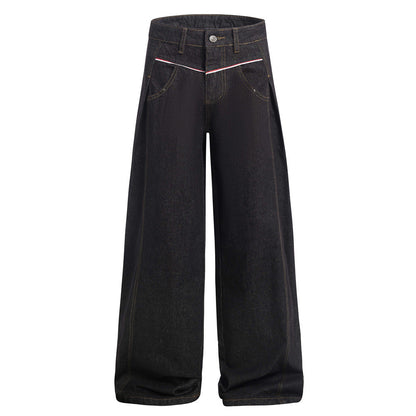 American High Street Design Denim Wide Leg Long Pants Men's Vibe Trendy Side Pleated Loose Casual Trousers