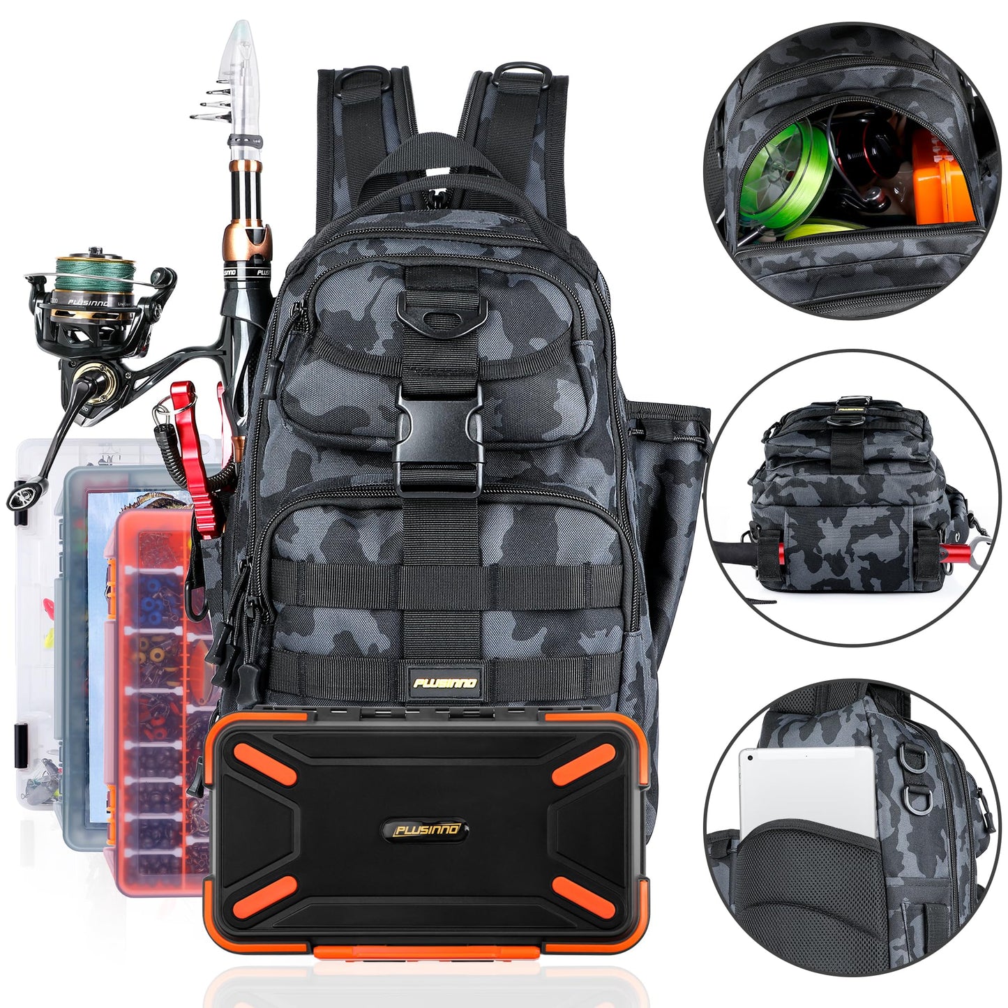 PLUSINNO Fishing Backpack with Fishing Rod and Reel Combos Tackle Boxes, Waterproof Tackle Backpack for Fishing Gear with Rod Holder, Fishing Gifts for Men with Fishing Tool Kit...
