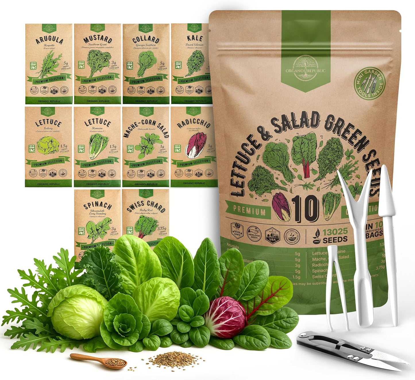 Organo Republic 22 Lettuce & Salad Greens Seeds Variety Pack 24,700+ Non-GMO Heirloom Lettuce Seeds for Indoor & Outdoor Garden, Hydroponics, Aerogarden - Arugula, Kale, Spinach, Swiss Chard, Lettuce