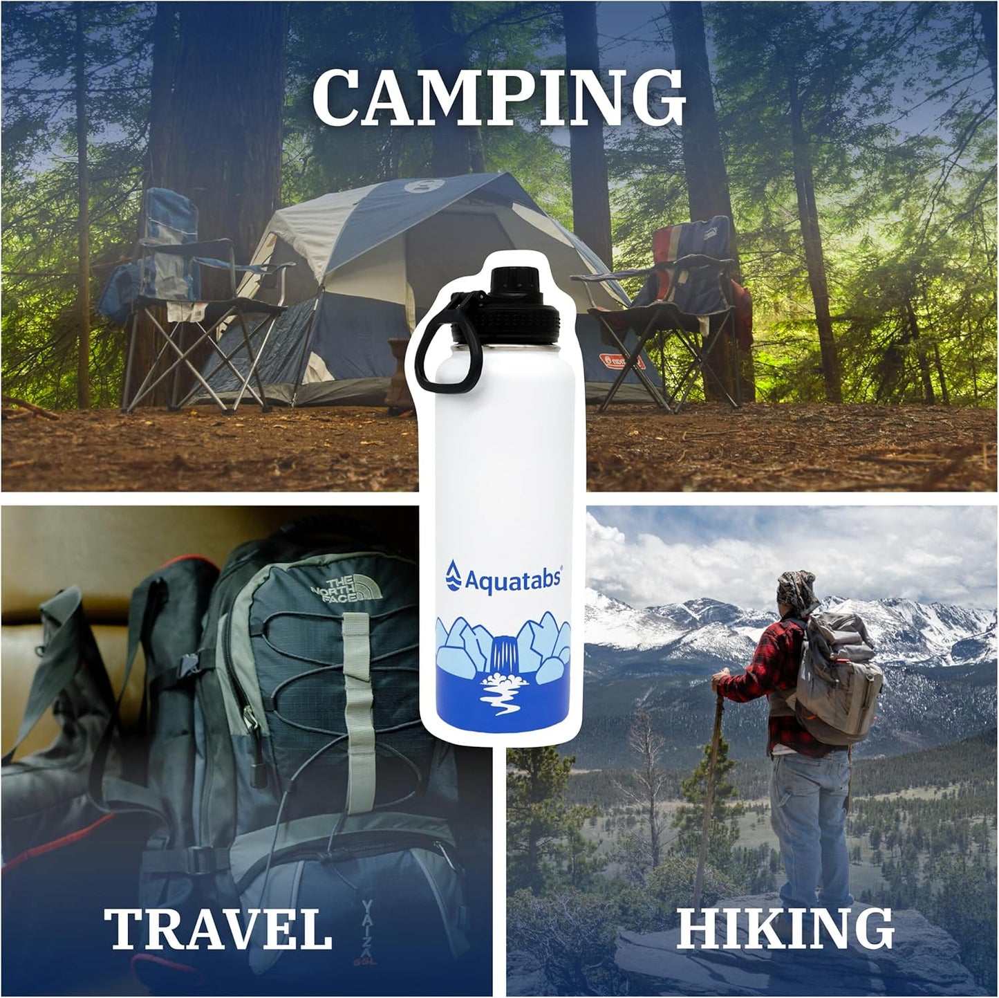 Aquatabs Water Bottle – 40 oz Insulated Stainless Steel Water Bottle, BPA-Free, Leak-Proof, Durable Design for Hiking, Travel, Camping & Outdoor Gear