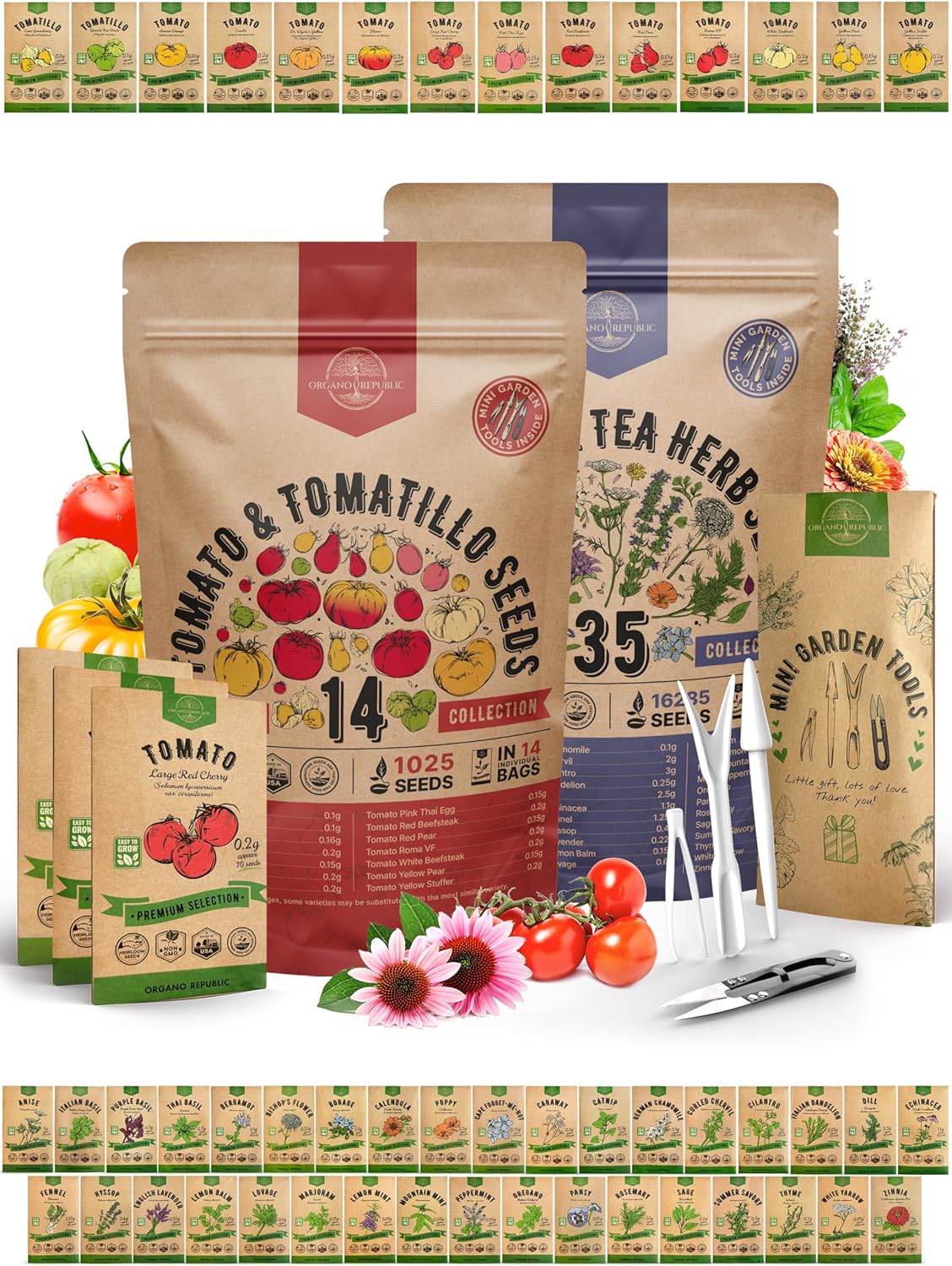 Organo Republic 14 Tomato and 35 Medicinal & Tea Herb Seeds Variety Pack Bundle, 17,360+ Non-GMO Heirloom Garden Seeds for Planting Herbs and Tomatoes for Indoor & Outdoor Gardening