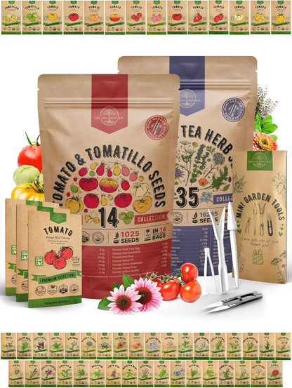 Organo Republic 14 Tomato and 35 Medicinal & Tea Herb Seeds Variety Pack Bundle, 17,360+ Non-GMO Heirloom Garden Seeds for Planting Herbs and Tomatoes for Indoor & Outdoor Gardening