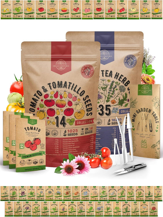 Organo Republic 14 Tomato and 35 Medicinal & Tea Herb Seeds Variety Pack Bundle, 17,360+ Non-GMO Heirloom Garden Seeds for Planting Herbs and Tomatoes for Indoor & Outdoor Gardening
