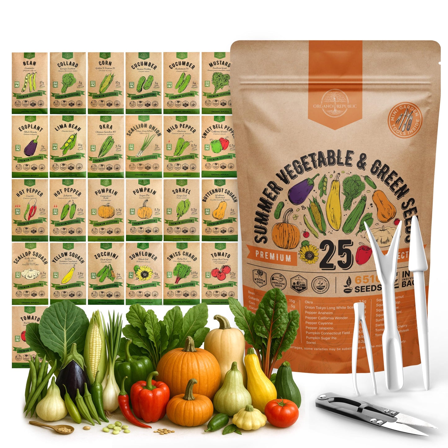 Organo Republic 25 Winter Vegetable & Green Seeds Variety Pack for Outdoors & Indoor Home Gardening 27670+ Non-GMO Heirloom Seeds: Broccoli Beet Carrot Collard Lettuce Radish Spinach Pea Kohlrabi
