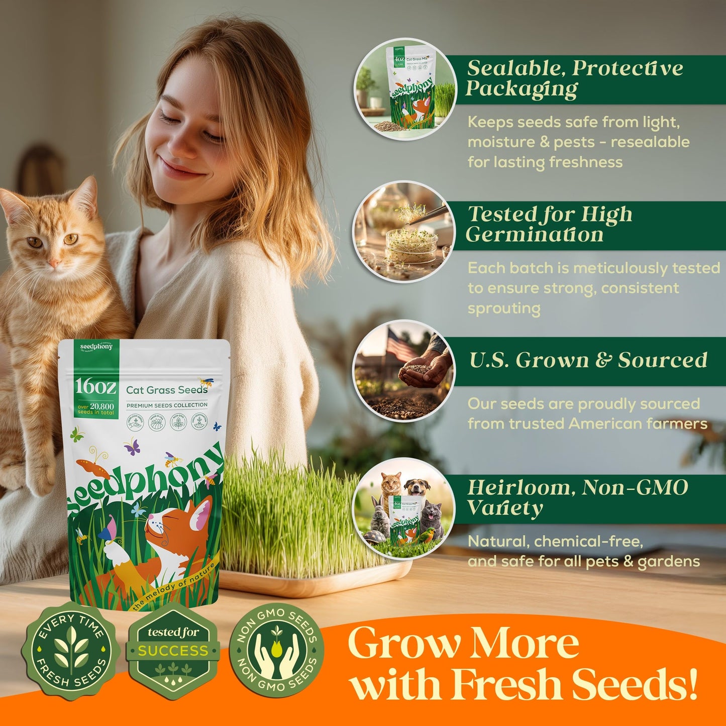 Cat Grass Seed Mix – 4 oz Pack with 5,200 Non-GMO Heirloom Seeds for Cats, Barley, Oat, Rye & Wheatgrass for Indoor Growing, Fresh Pet Grass for Digestion & Hairball Control