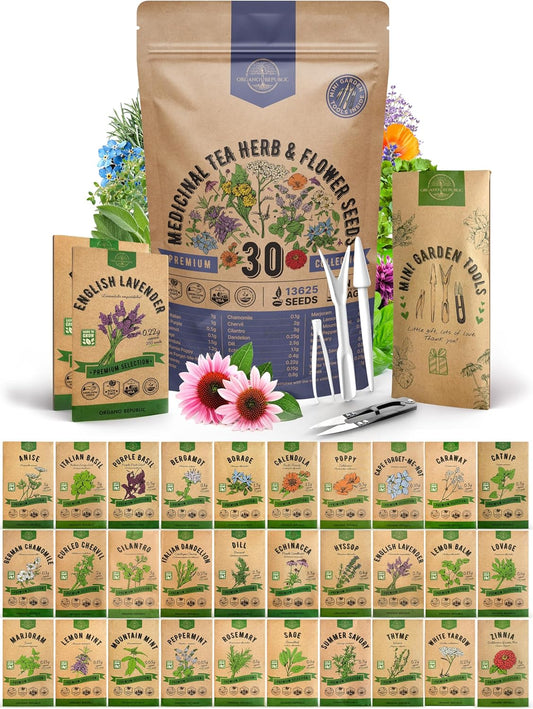 Organo Republic 25 Edible Flower Seeds Variety Pack for Indoor Outdoor Gardening - 8,000+ Non-GMO Heirloom Flower Seeds: Anise, Hyssop, Nasturtium, Pansy, Echinacea, Lavender, Chives & More