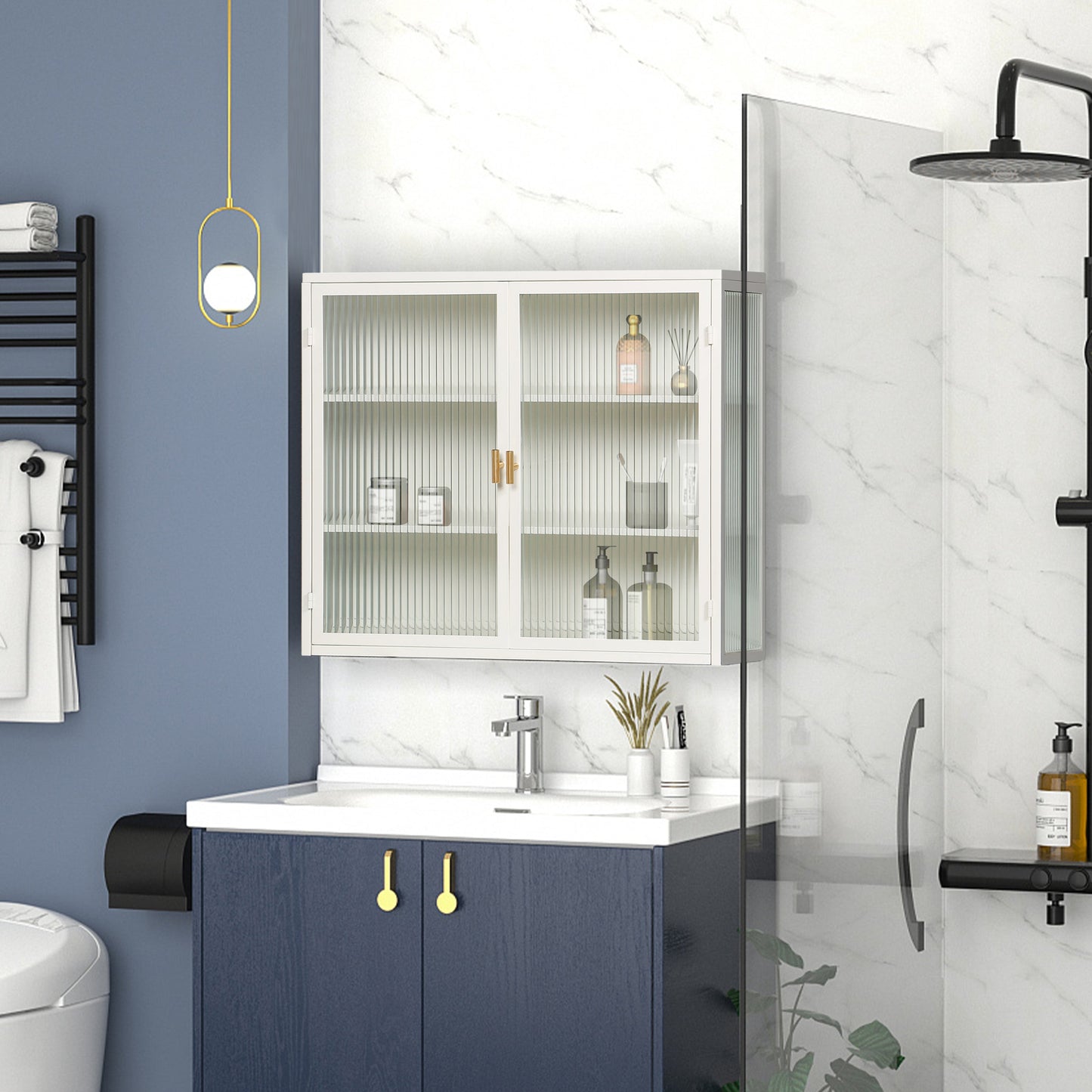 27.56"Glass Doors Modern Two-door Wall Cabinet with Featuring Three-tier White