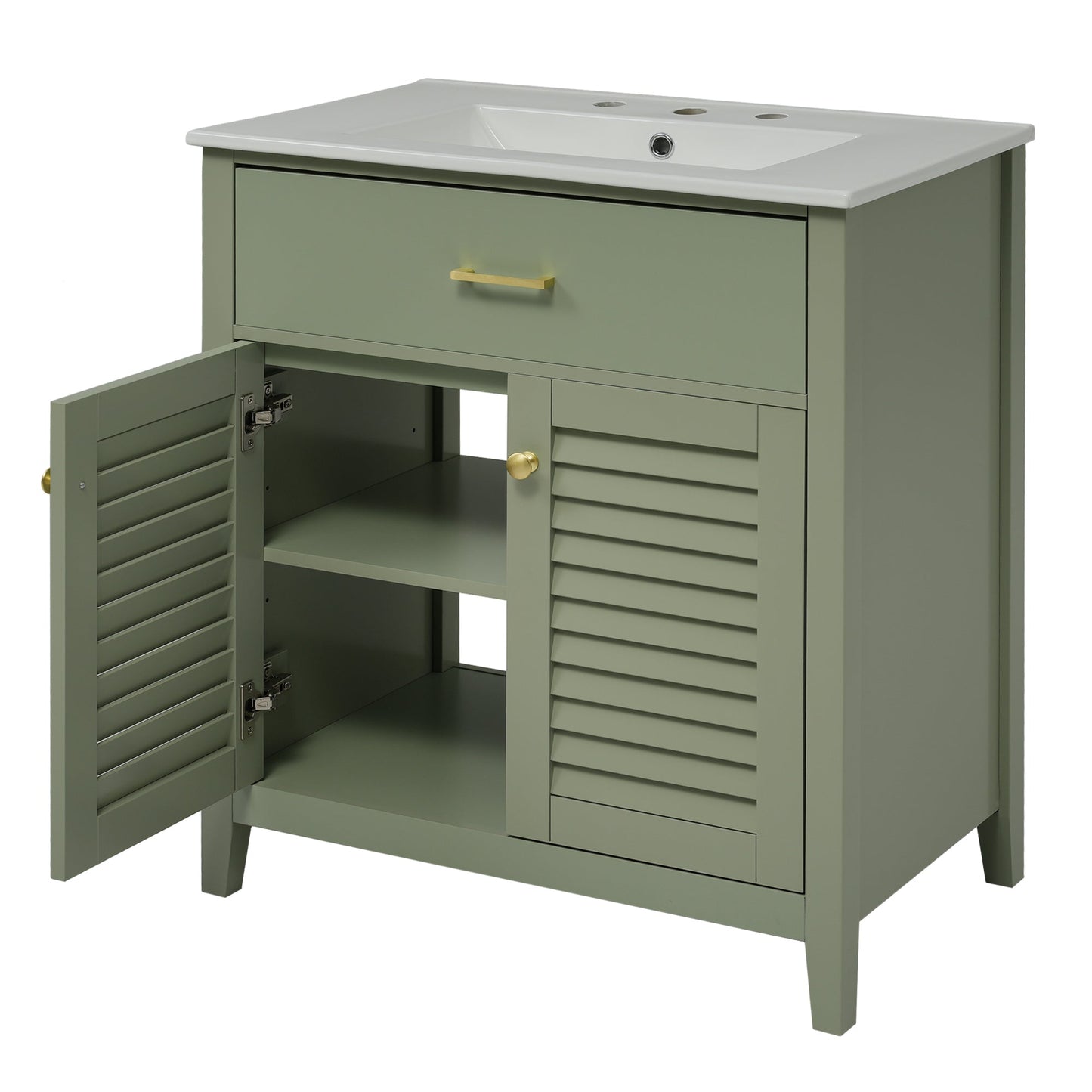 30-Inch Bathroom Vanity with Ceramic Sink Combination, Ample Storage - Features 1 Pullout and Multifunctional Shelf Dividers