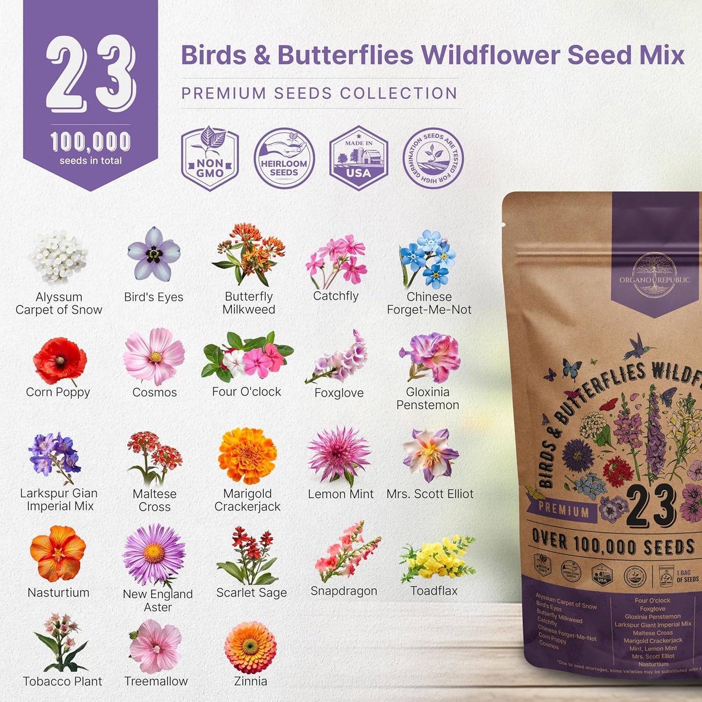 Organo Republic 16 Perennial Wildflower Seeds Mix for Indoor & Outdoors. 100,000+ Non-GMO, Heirloom Wildflower Garden Seeds, 4oz Packet for Growing Wild Flowers to Attract Bees, Butterflies & Birds