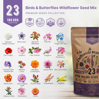 Organo Republic 16 Perennial Wildflower Seeds Mix for Indoor & Outdoors. 100,000+ Non-GMO, Heirloom Wildflower Garden Seeds, 4oz Packet for Growing Wild Flowers to Attract Bees, Butterflies & Birds