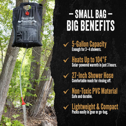 Ready Hour 5 Gallon Camp Shower, Portable Solar Shower Bag for Camping, Off Grid, Emergency Use Gravity Fed 104°F Heating Survival Hygiene for Outdoors and Disaster Preparedness