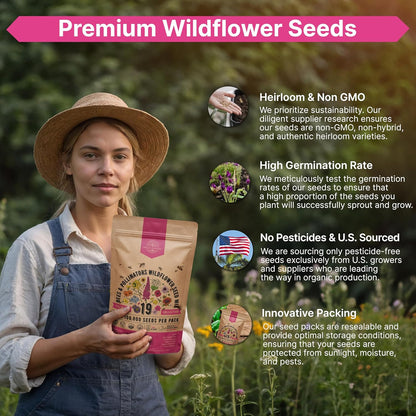 Organo Republic 16 Perennial Wildflower Seeds Mix for Indoor & Outdoors. 100,000+ Non-GMO, Heirloom Wildflower Garden Seeds, 4oz Packet for Growing Wild Flowers to Attract Bees, Butterflies & Birds