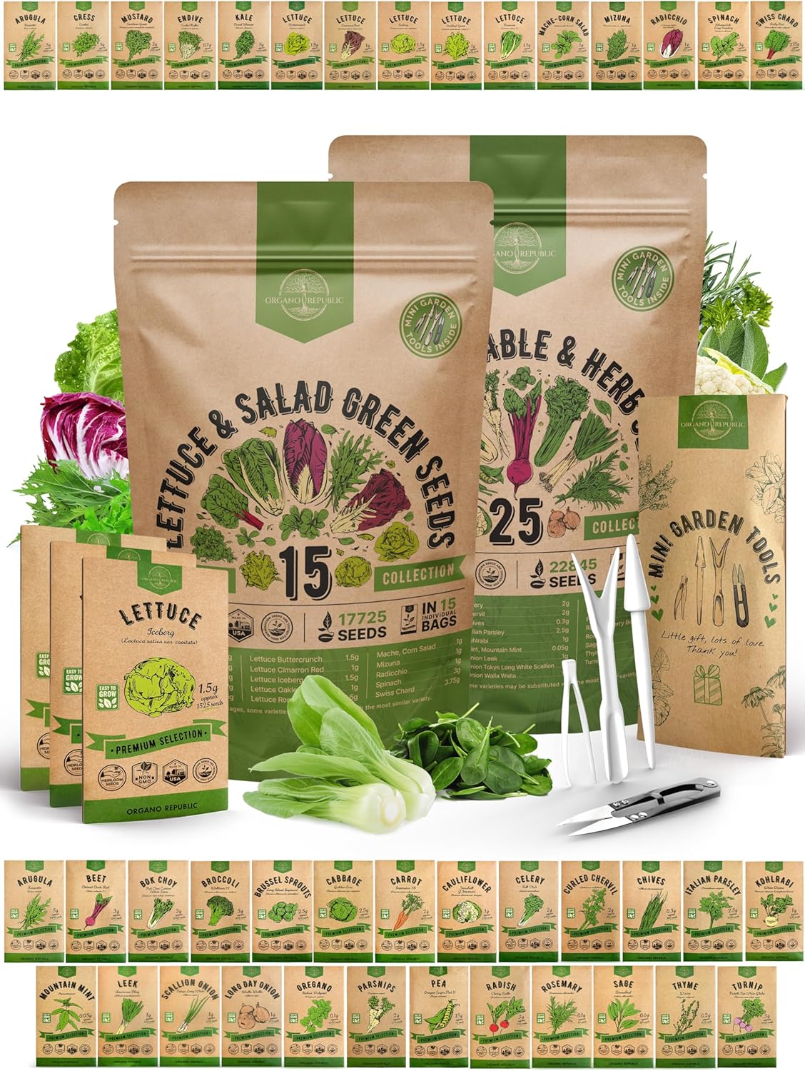 Organo Republic 15 Lettuce & Greens and 25 Winter Vegetable & Herb Seeds Variety Pack Bundle, 29,475+ Non-GMO Heirloom Garden Seeds for Planting Vegetables and Herbs for Indoor & Outdoor Gardening