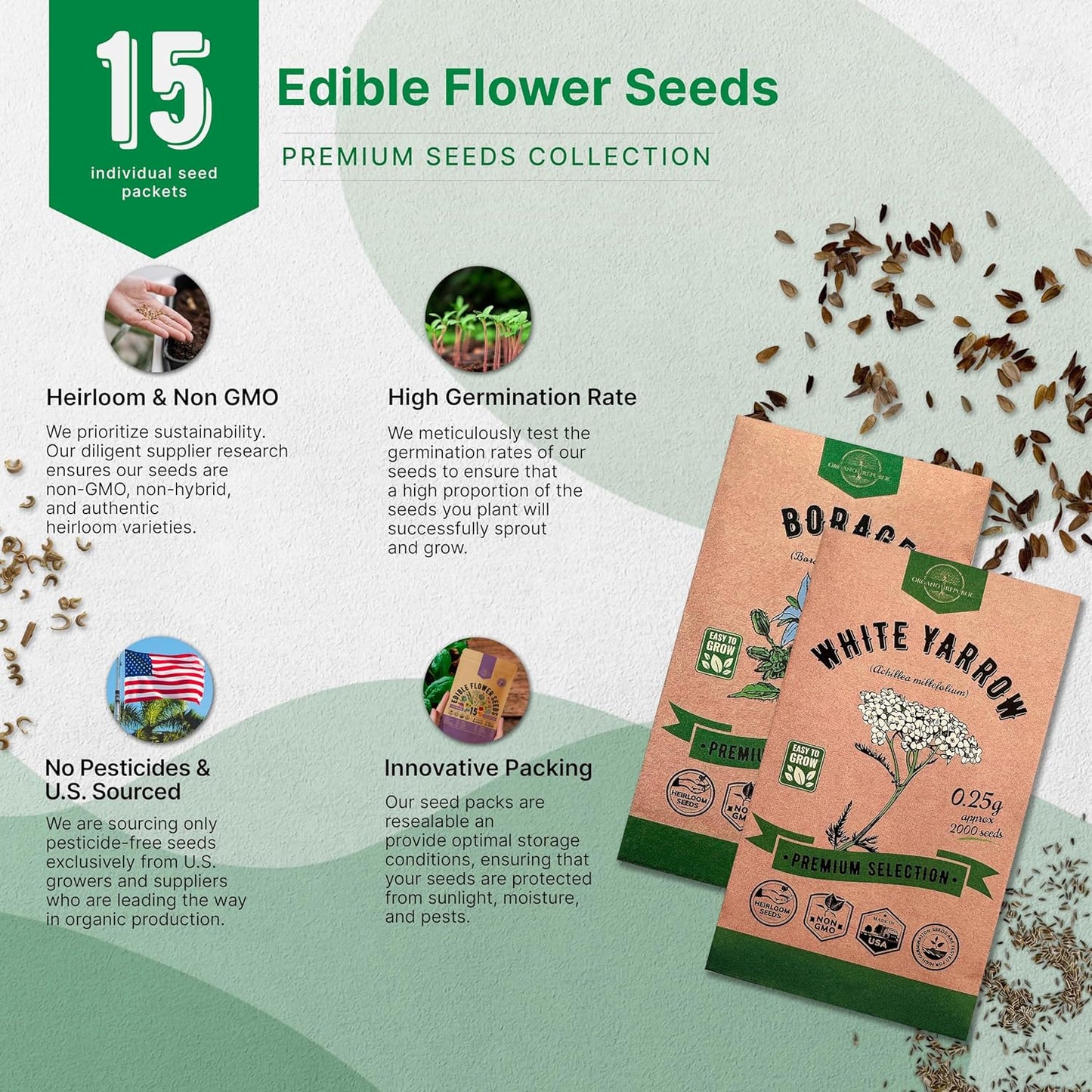Organo Republic 25 Edible Flower Seeds Variety Pack for Indoor Outdoor Gardening - 8,000+ Non-GMO Heirloom Flower Seeds: Anise, Hyssop, Nasturtium, Pansy, Echinacea, Lavender, Chives & More