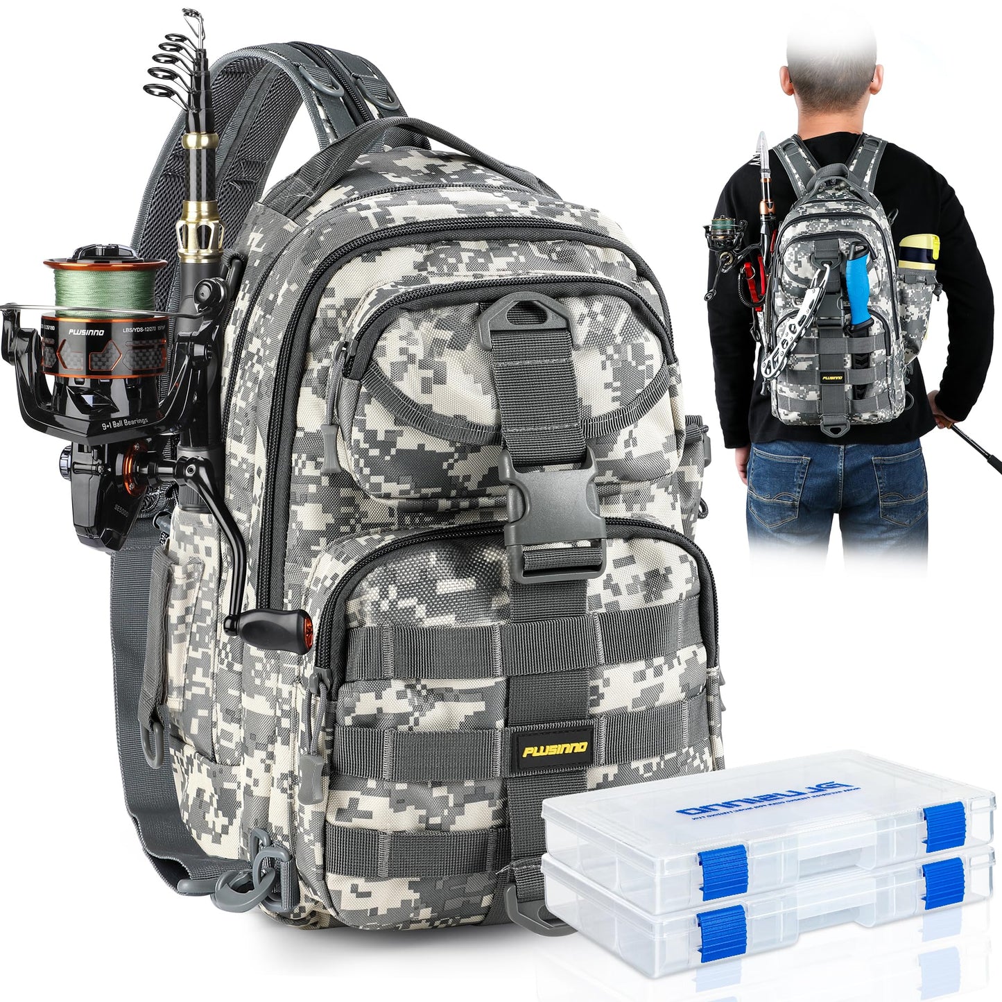 PLUSINNO Fishing Backpack with Fishing Rod and Reel Combos Tackle Boxes, Waterproof Tackle Backpack for Fishing Gear with Rod Holder, Fishing Gifts for Men with Fishing Tool Kit...