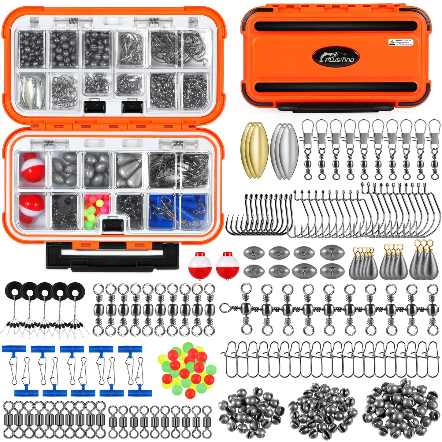 PLUSINNO 253/387pcs Fishing Gear Accessories Kit, Fishing Tackle Box with Tackle Included, Fishing Hooks, Fishing Weights Sinkers, Spinner Blade, Fishing Equipment for Bass Trout Bluegill Crappie