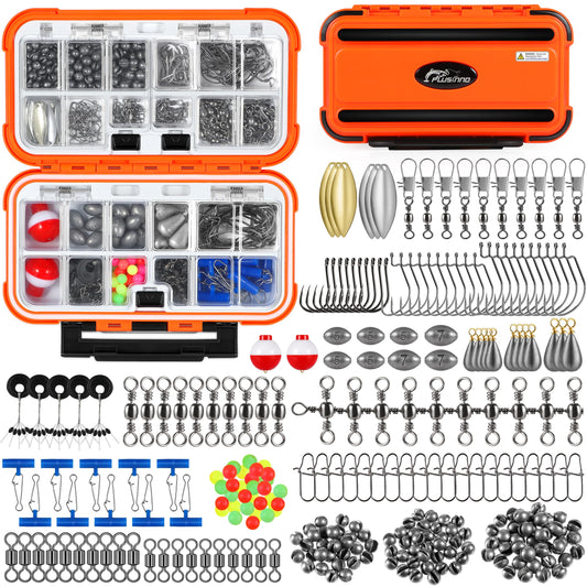 PLUSINNO 253/387pcs Fishing Gear Accessories Kit, Fishing Tackle Box with Tackle Included, Fishing Hooks, Fishing Weights Sinkers, Spinner Blade, Fishing Equipment for Bass Trout Bluegill Crappie