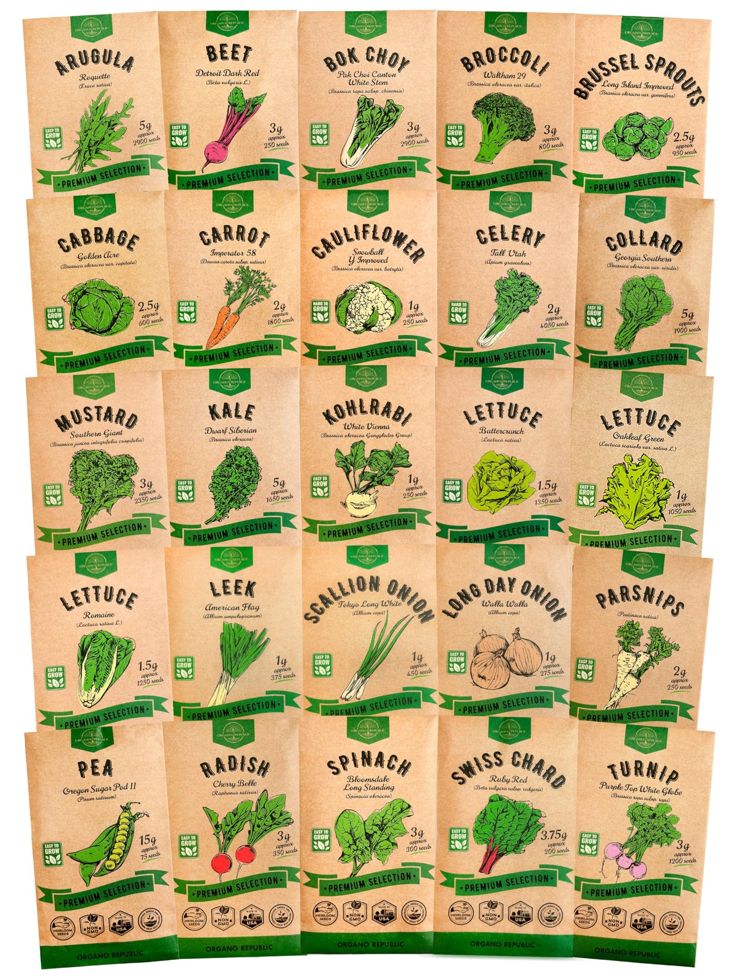 Organo Republic 25 Winter Vegetable & Green Seeds Variety Pack for Outdoors & Indoor Home Gardening 27670+ Non-GMO Heirloom Seeds: Broccoli Beet Carrot Collard Lettuce Radish Spinach Pea Kohlrabi