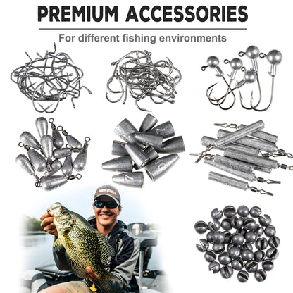 PLUSINNO 253/387pcs Fishing Gear Accessories Kit, Fishing Tackle Box with Tackle Included, Fishing Hooks, Fishing Weights Sinkers, Spinner Blade, Fishing Equipment for Bass Trout Bluegill Crappie