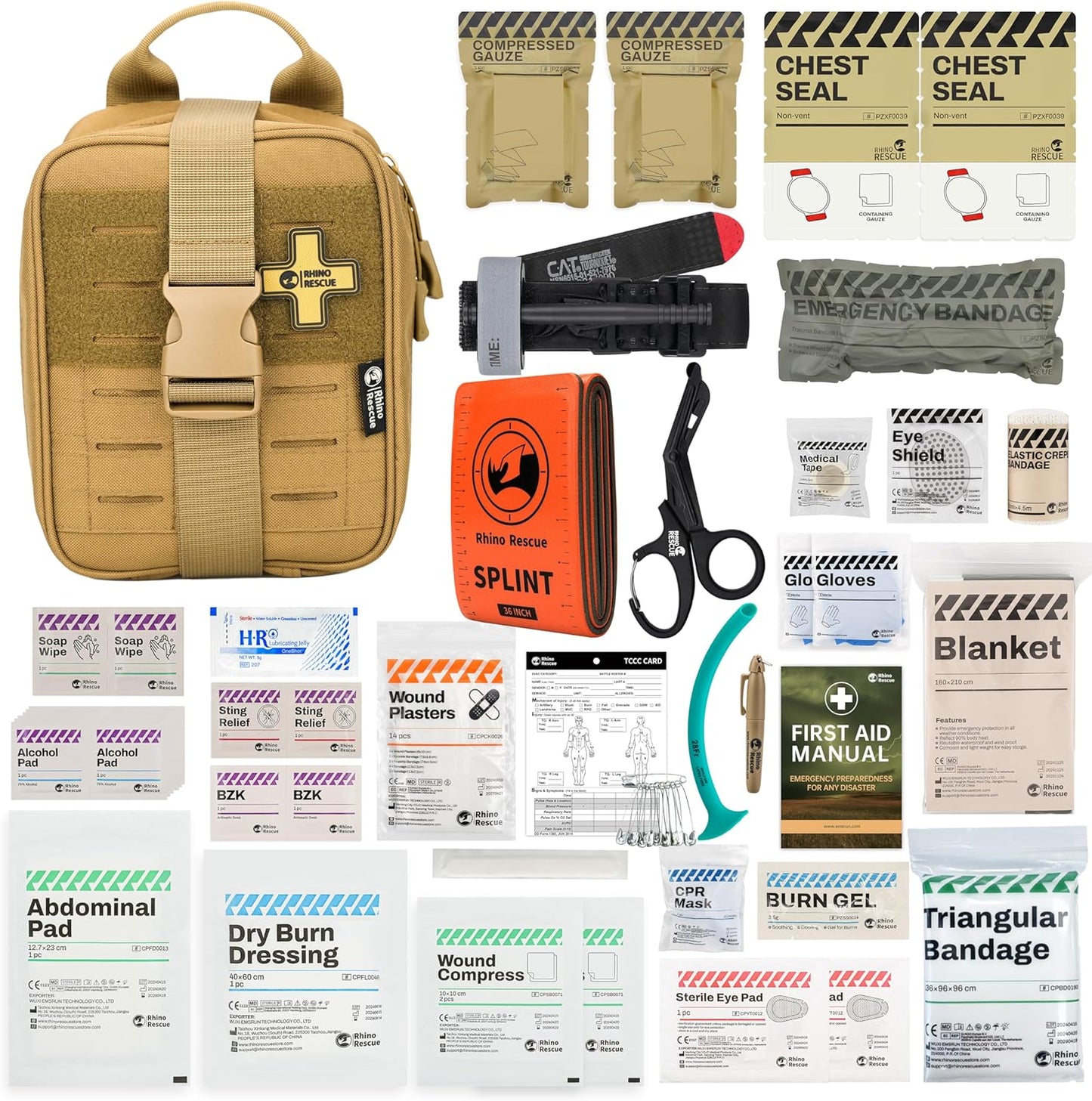 Rhino RESUE Bundle-Vented Chest Seal, 4 Vents, Sterile Emergency Trauma Dressing, Occlusive Adhesive Pad+Trauma Kit with C-A-T Tourniquet, Tactical First Aid Kit Molle Pouch for Military