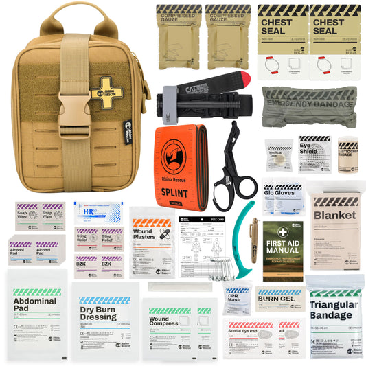 RHINO RESCUE IFAK Trauma Kit with C-A-T Tourniquet, Tactical First Aid Kit Molle Pouch for Military, Combat, Car, Camping, Hiking, Travel (Red)
