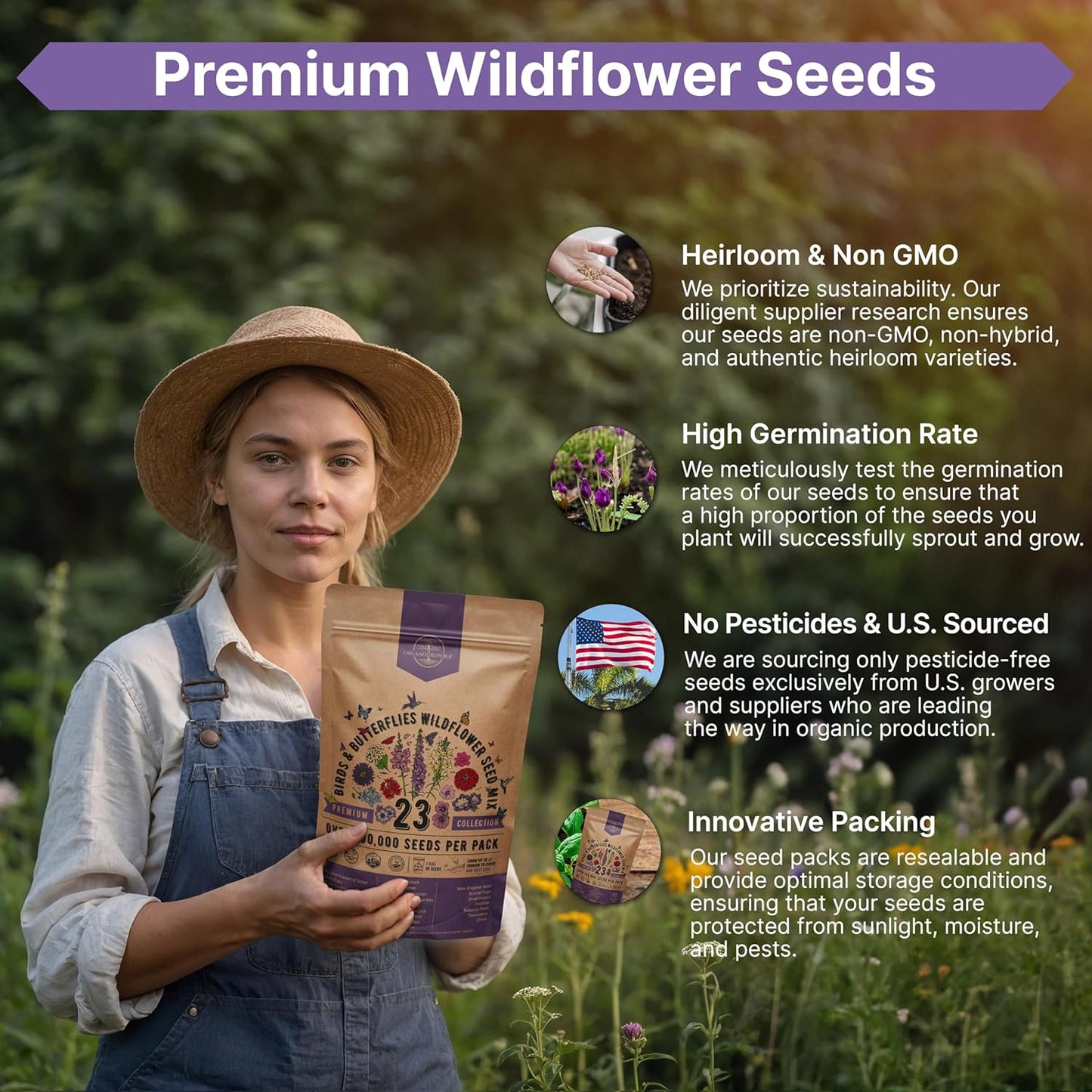 Organo Republic 16 Perennial Wildflower Seeds Mix for Indoor & Outdoors. 100,000+ Non-GMO, Heirloom Wildflower Garden Seeds, 4oz Packet for Growing Wild Flowers to Attract Bees, Butterflies & Birds