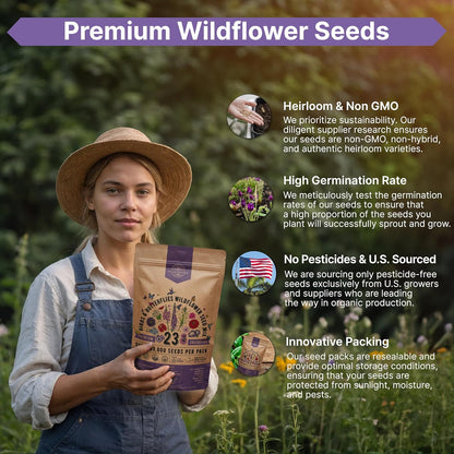 Organo Republic 16 Perennial Wildflower Seeds Mix for Indoor & Outdoors. 100,000+ Non-GMO, Heirloom Wildflower Garden Seeds, 4oz Packet for Growing Wild Flowers to Attract Bees, Butterflies & Birds