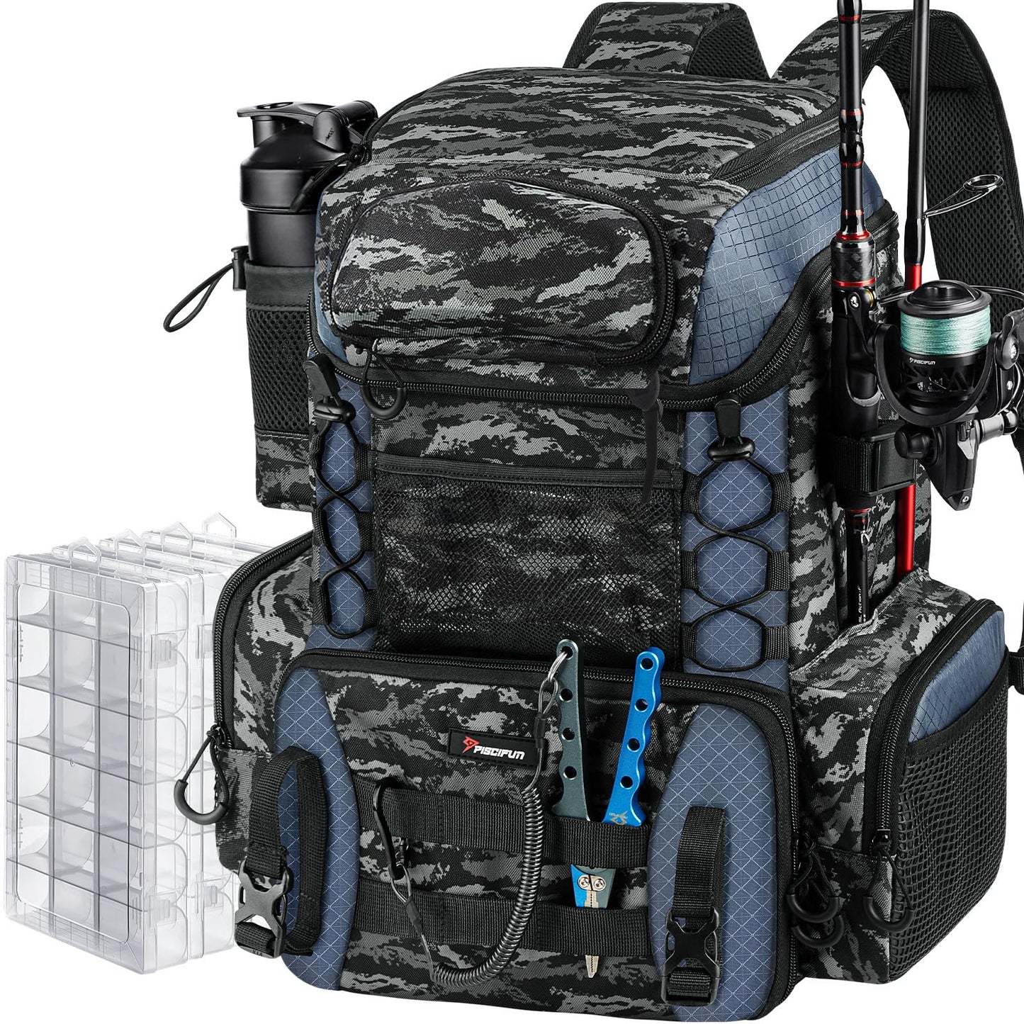 Piscifun Fishing Tackle Backpack with Rod Holders & 4 Tackle Boxes, 42L Outdoor Fishing Bag with Waterproof Rain Cover