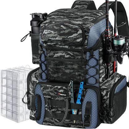 Piscifun Fishing Tackle Backpack with Rod Holders & 4 Tackle Boxes, 42L Outdoor Fishing Bag with Waterproof Rain Cover
