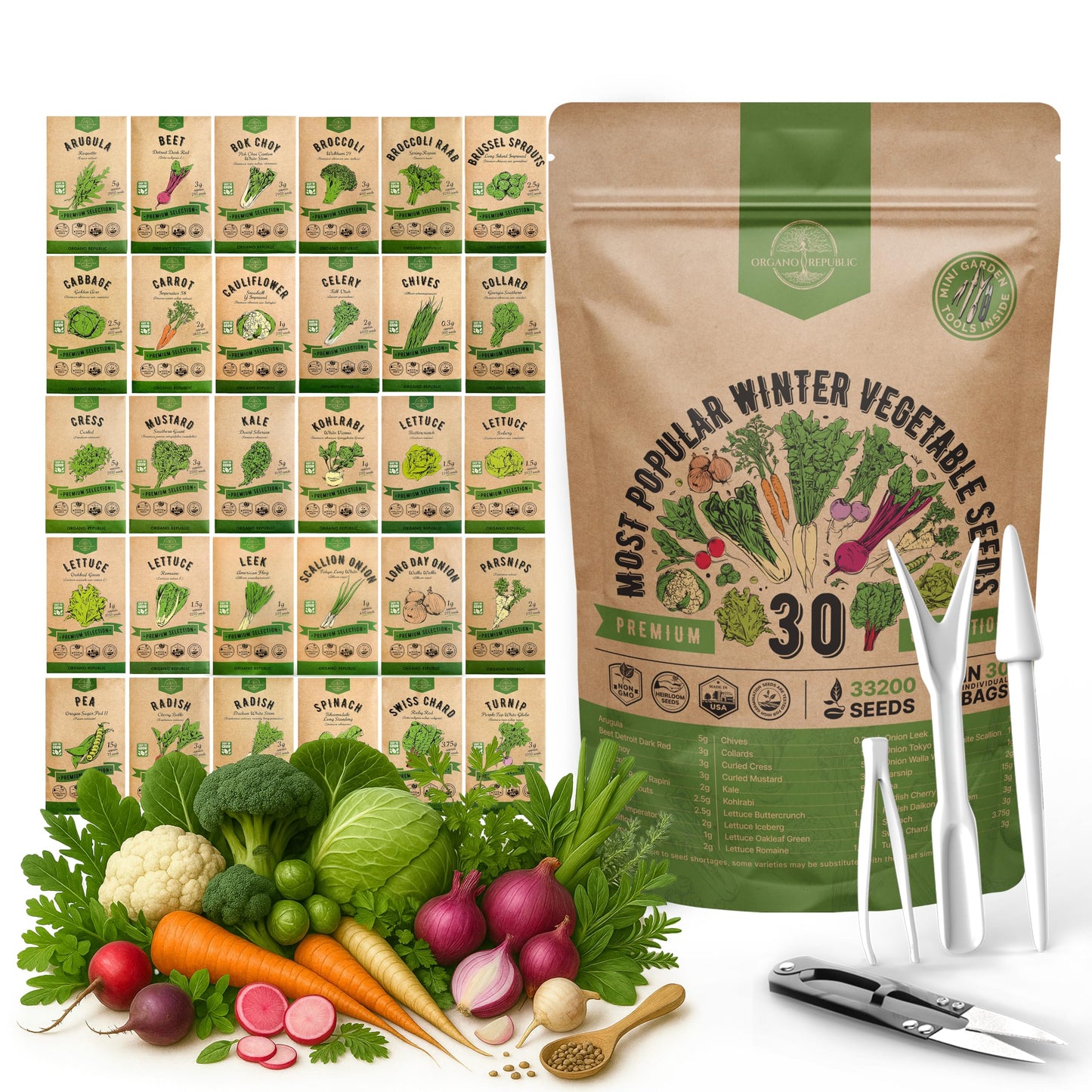 Organo Republic 25 Winter Vegetable & Green Seeds Variety Pack for Outdoors & Indoor Home Gardening 27670+ Non-GMO Heirloom Seeds: Broccoli Beet Carrot Collard Lettuce Radish Spinach Pea Kohlrabi