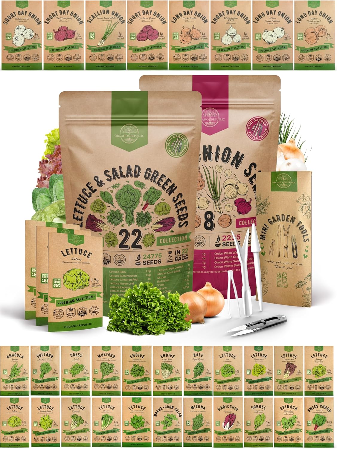 Organo Republic 22 Lettuce & Salad Greens and 8 Onion Seeds Variety Pack Bundle, 26,900+ Non-GMO Heirloom Seeds for Planting Lettuce and Onions for Indoor & Outdoor Gardening