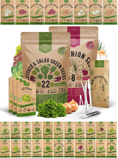 Organo Republic 22 Lettuce & Salad Greens and 8 Onion Seeds Variety Pack Bundle, 26,900+ Non-GMO Heirloom Seeds for Planting Lettuce and Onions for Indoor & Outdoor Gardening