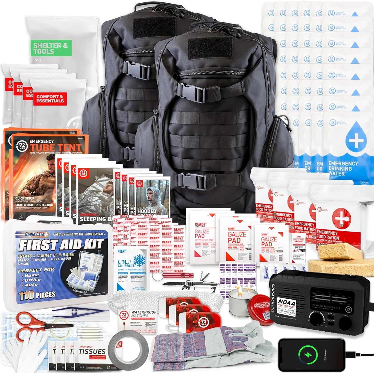 72 HRS Deluxe Emergency Survival Kit - Heavy Duty 72 Hour Bag Survival Kit for Earthquake, Hurricane, Tsunami, Winter, Blackout - Includes Emergency First Aid Kit, Water, Food