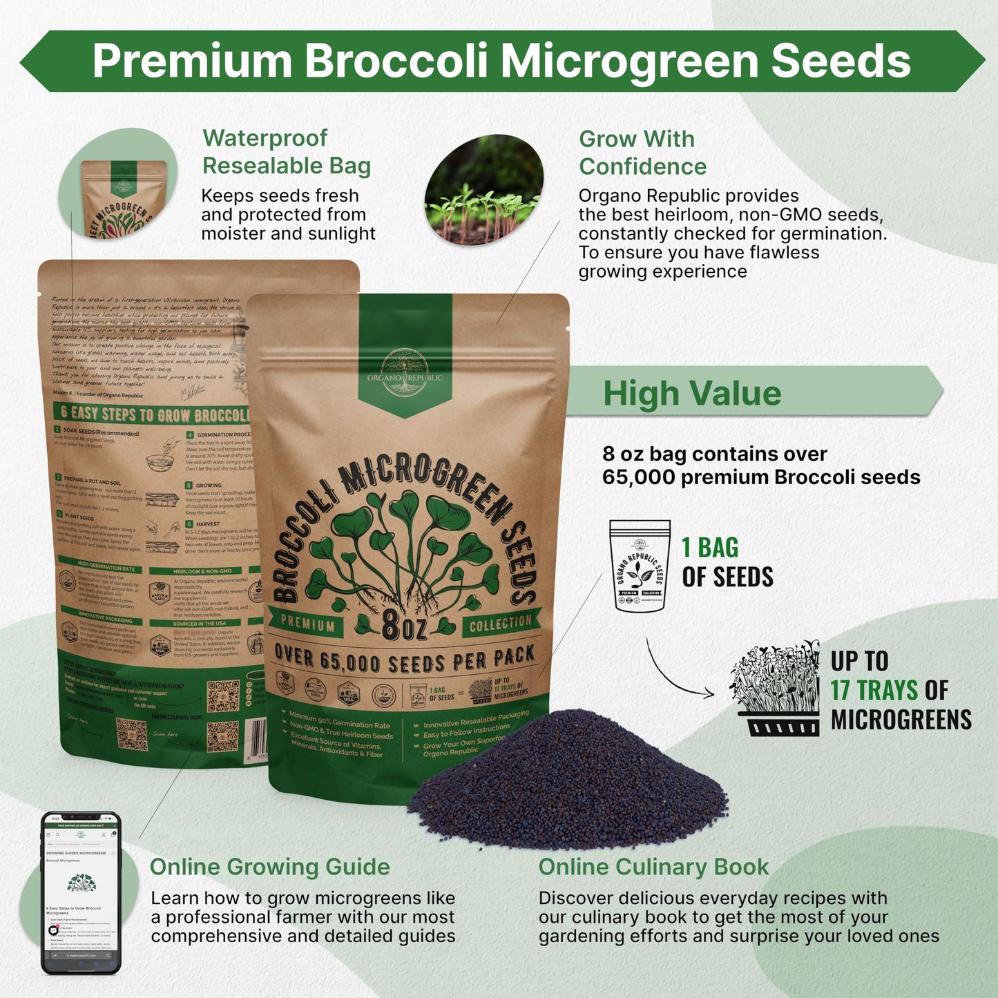 Organo Republic Broccoli Sprouting & Microgreens Seeds - Non-GMO, Heirloom Sprout Seeds Kit, 1lb Resealable Bag for & Growing Microgreens in Soil, Coconut Coir, Aerogarden & Hydroponic