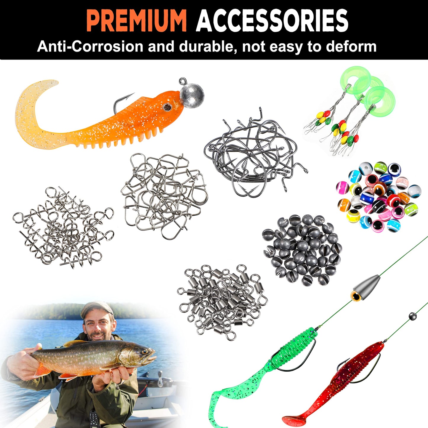 PLUSINNO 253/387pcs Fishing Gear Accessories Kit, Fishing Tackle Box with Tackle Included, Fishing Hooks, Fishing Weights Sinkers, Spinner Blade, Fishing Equipment for Bass Trout Bluegill Crappie